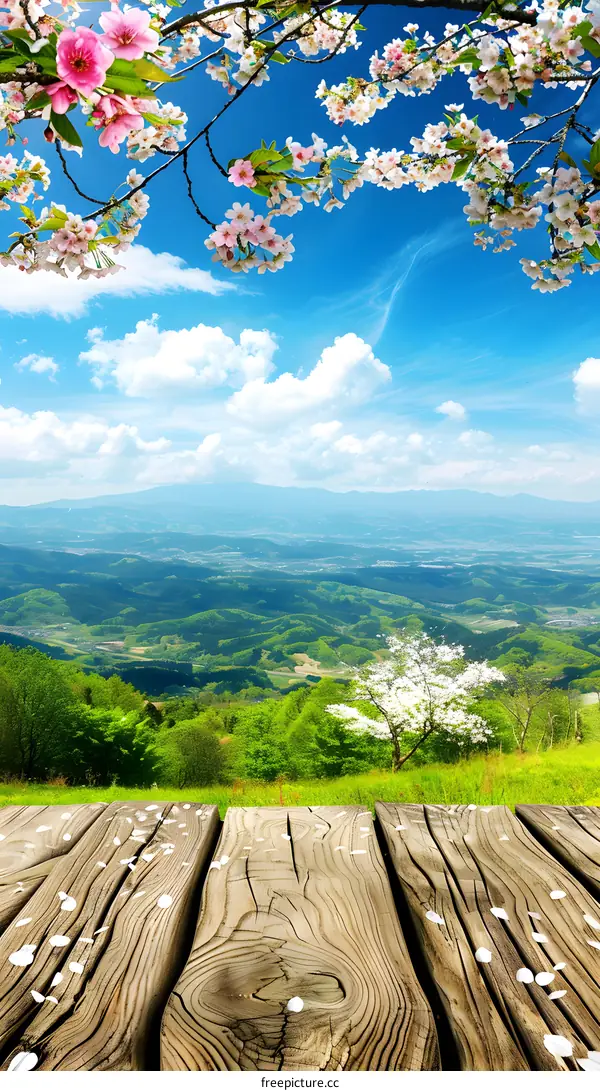 Wooden Plank With Cherry Blossoms And Mountains