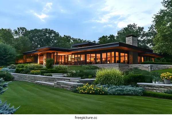 Modern House with Stone Wall and Lawn