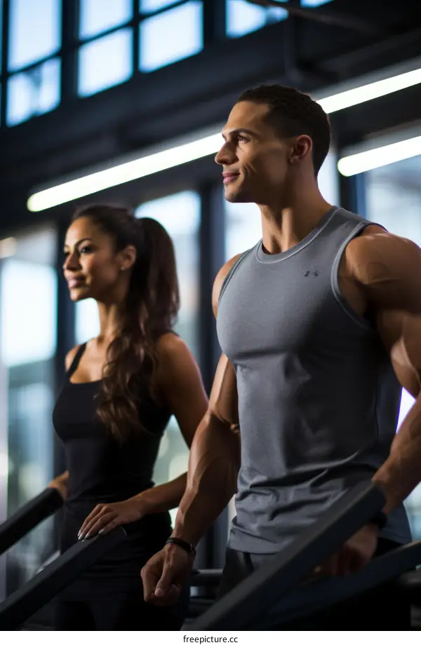 muscular man and woman on a treadmill