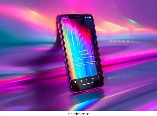 Smartphone on a Pink Holographic Surface