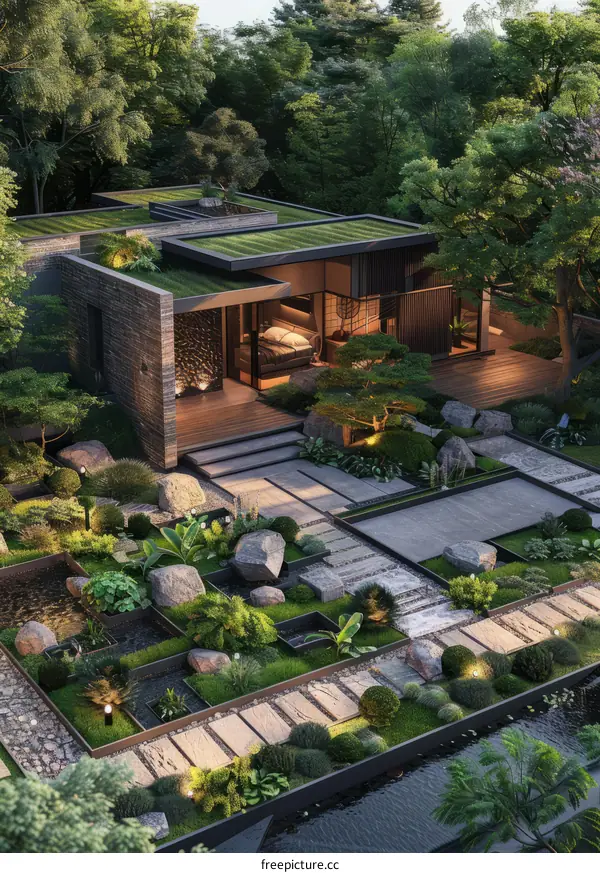 A serene Japanese garden with a modern house