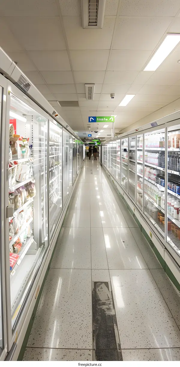 Refrigerated Aisle in Supermarket with Two People Walking