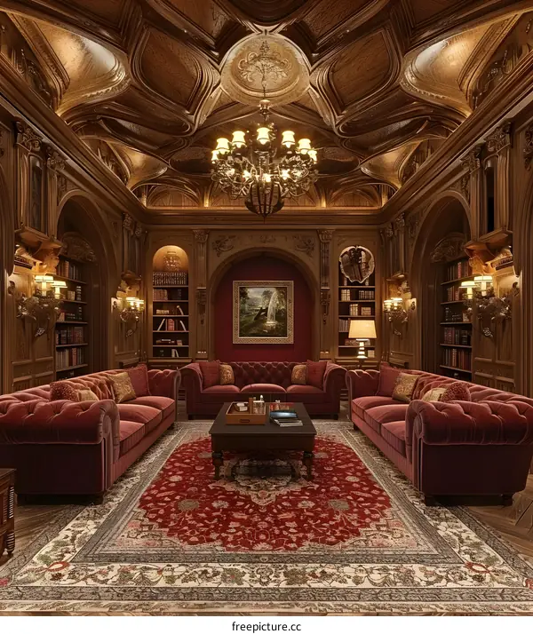 Ornate and opulent home library with red velvet sofas and chairs