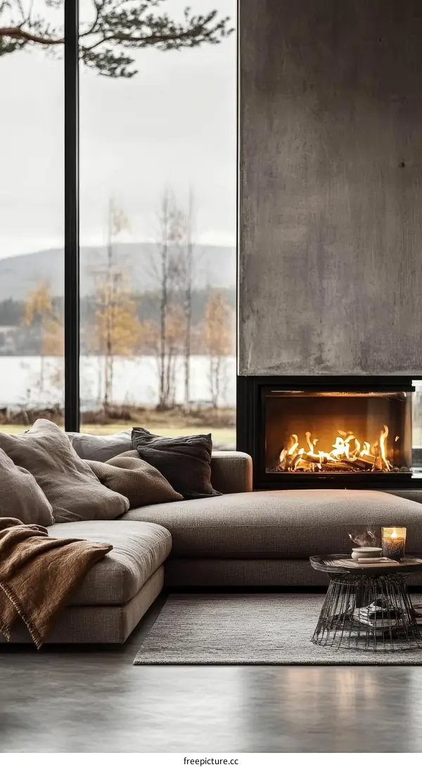 Modern Cozy Living Room with Fireplace and Large Sectional Sofa
