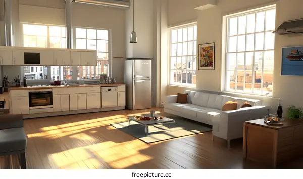 Modern Kitchen and Living Room Interior Design with City View