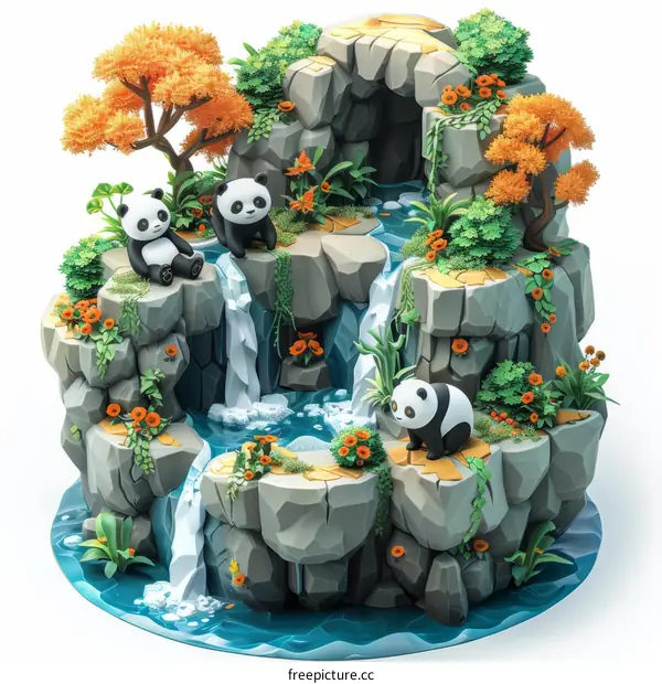 Three pandas playing in a rocky waterfall