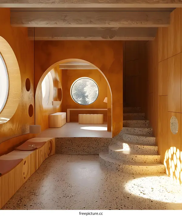 Modern Interior Design with Round Windows and Terrazzo Floor