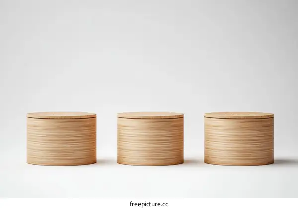 Three Light Brown Wooden Cylindrical Display Stands