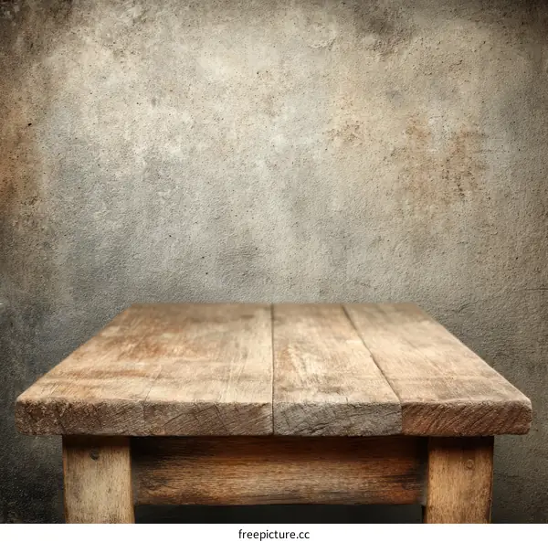 Rustic Wooden Table Against a Grungy Concrete Wall