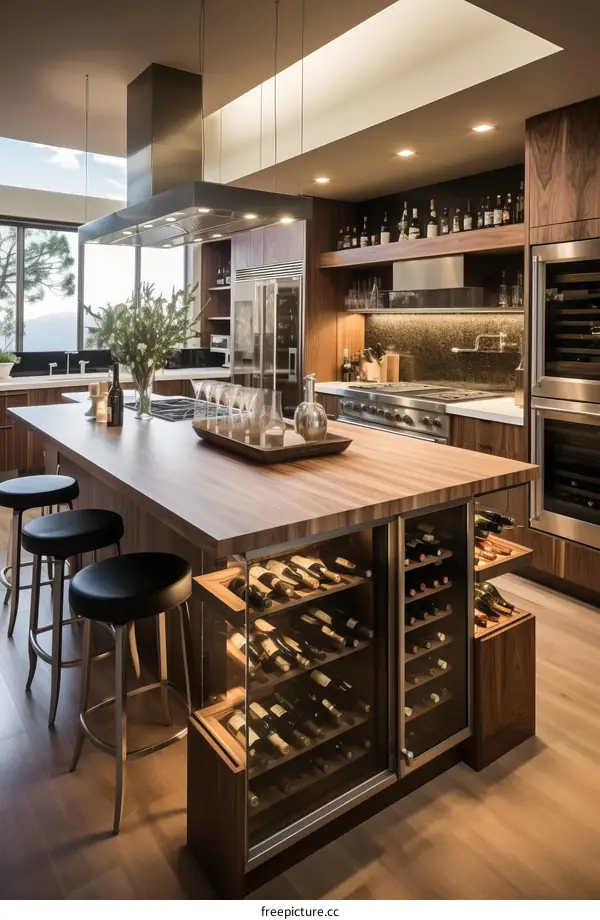 Modern kitchen island with wooden cabinets and stainless steel appliances