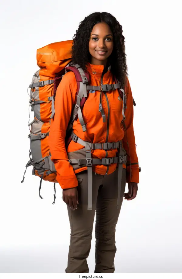 A young woman with a large backpack on her back