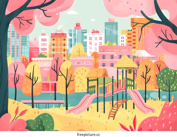 Colorful Illustration of a Playground in a City Park