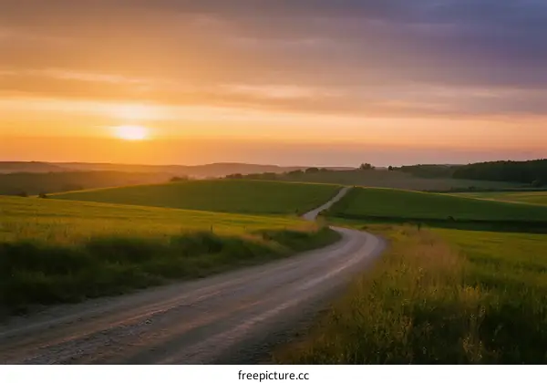 Beautiful Sunset Over a Winding Country Road in Green Fields