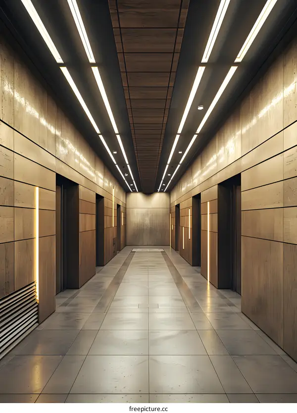 Modern Hallway with Wood Panels and Linear Lights