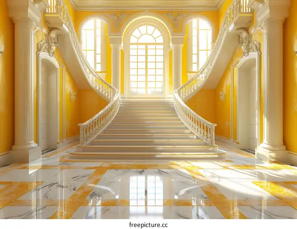 Grand Yellow Hallway with Exquisite Staircase