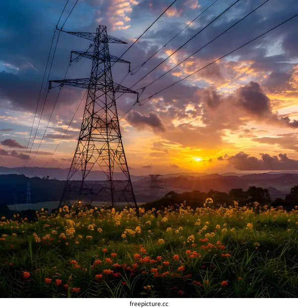 Sunset over Field with Power Lines