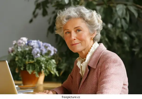 Senior Woman Working on Laptop in Home Office