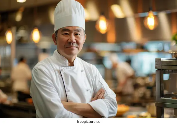 Portrait of a Japanese chef standing in a commercial kitchen