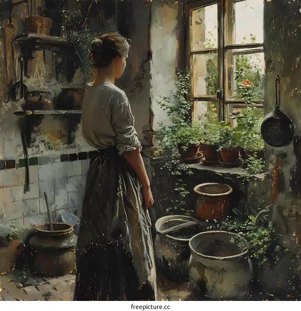 A woman standing in a kitchen looking out the window