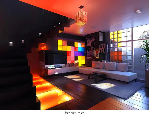 Modern residential interior with bright lighting and colorful accents