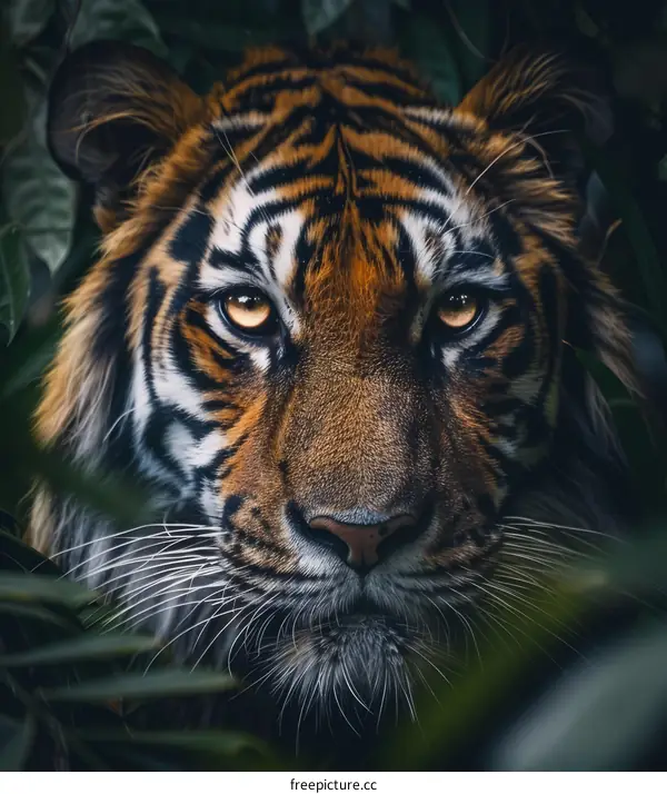 A fierce tiger stares out from the jungle