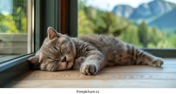A gray cat is sleeping on the wooden floor in front of the floor-to-ceiling windows.