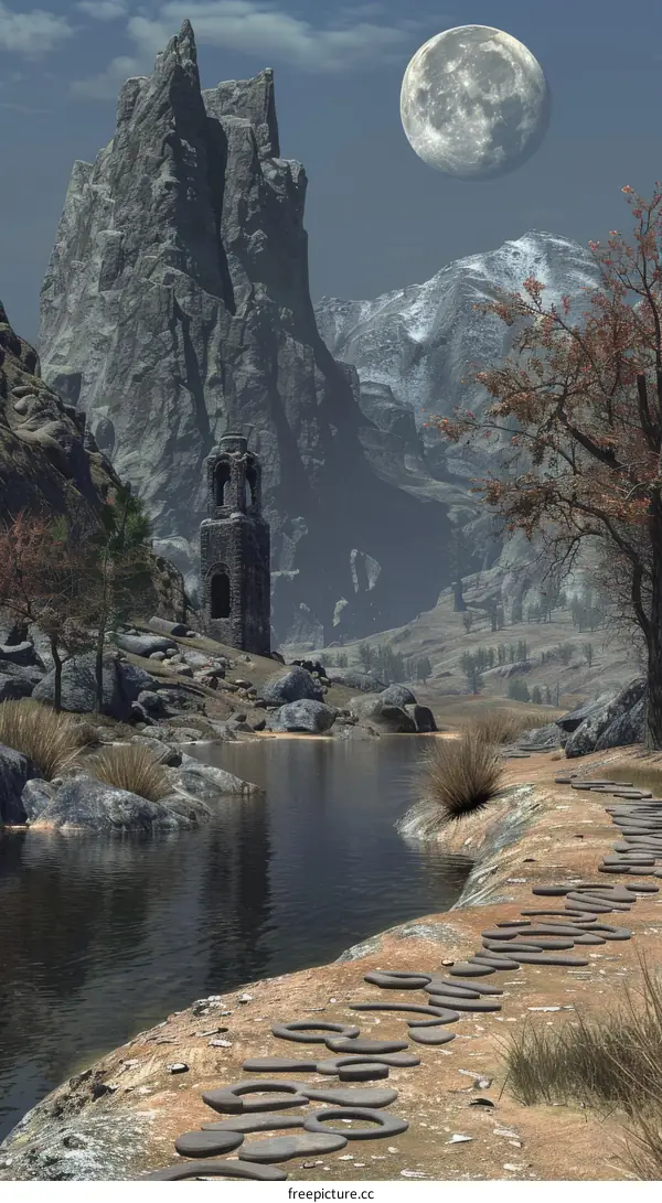 Mystical moonlit mountain landscape with stone path leading to a ruined tower
