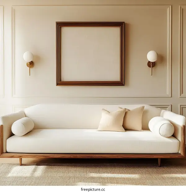Modern Beige Living Room with Wooden Sofa and Empty Picture Frame