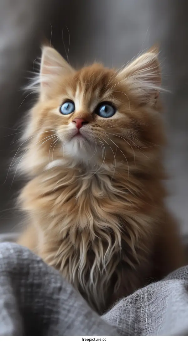 A cute ginger kitten with blue eyes is looking up