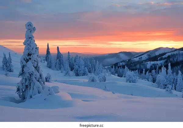 A winter wonderland of snow-covered trees and mountains