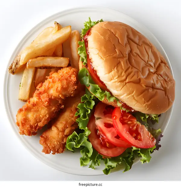 Fish sandwich and side of fries on a white plate