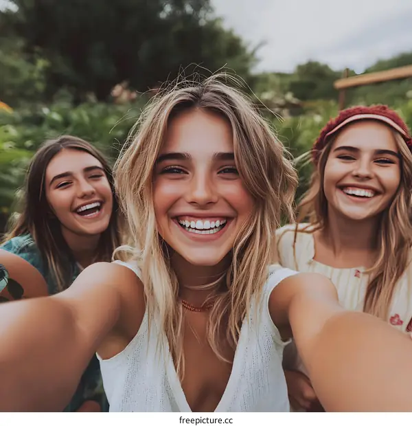Three Smiling Friends Taking Selfie in Garden