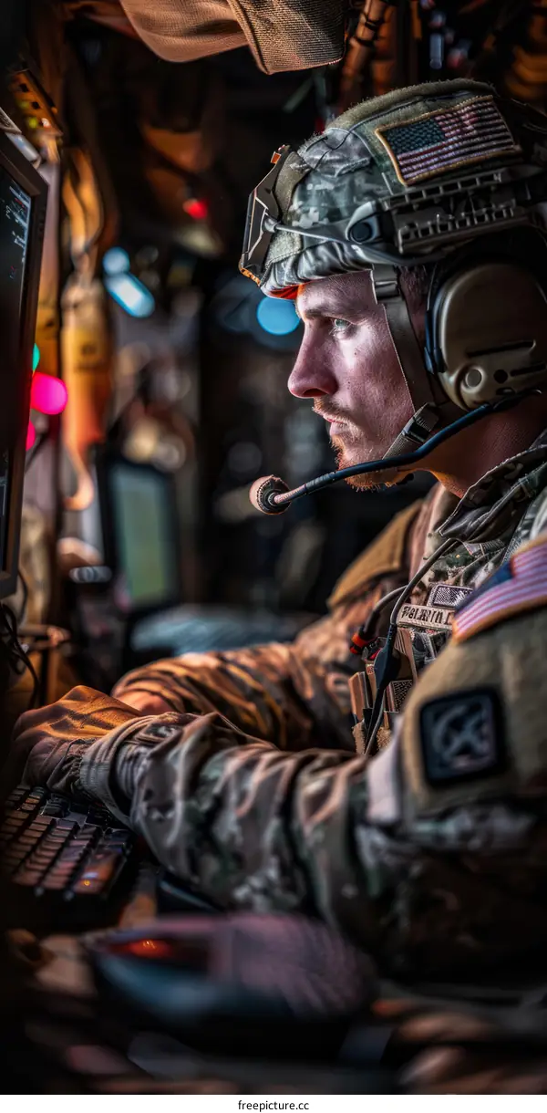 A soldier wearing a helmet and headset operates a computer.