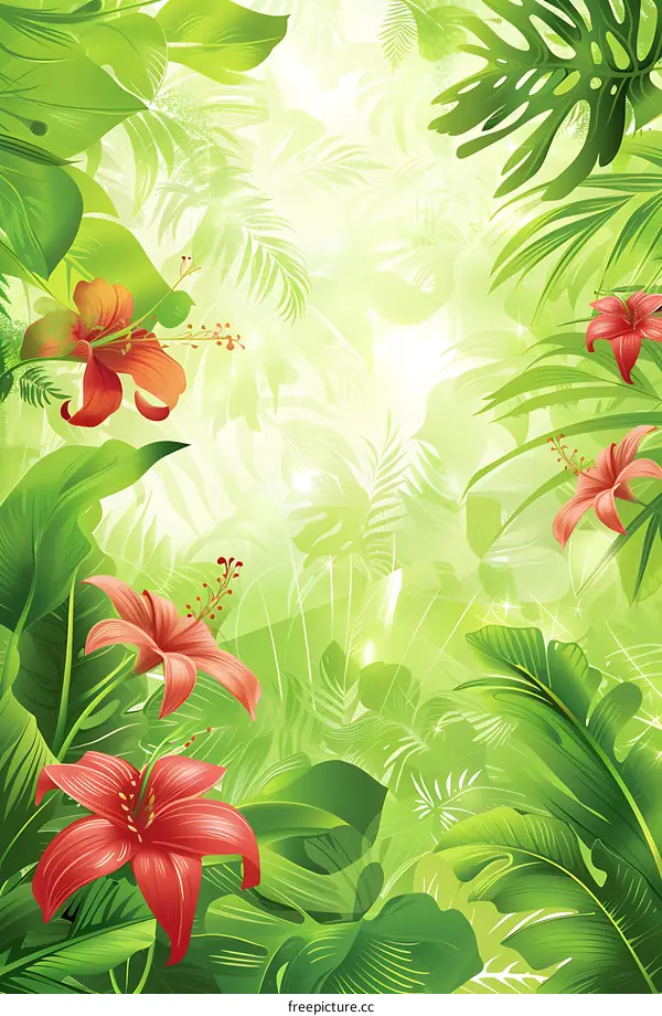 Tropical Green Leaves and Red Flowers Background Illustration