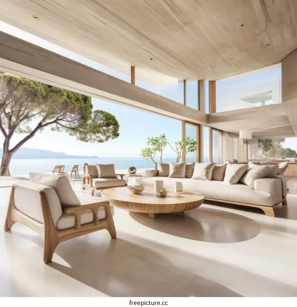 Modern minimalist villa living room interior with large windows overlooking the sea