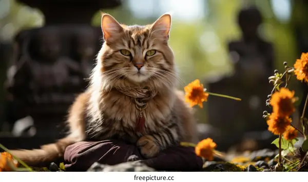 A ginger cat is sitting on a cushion in a garden