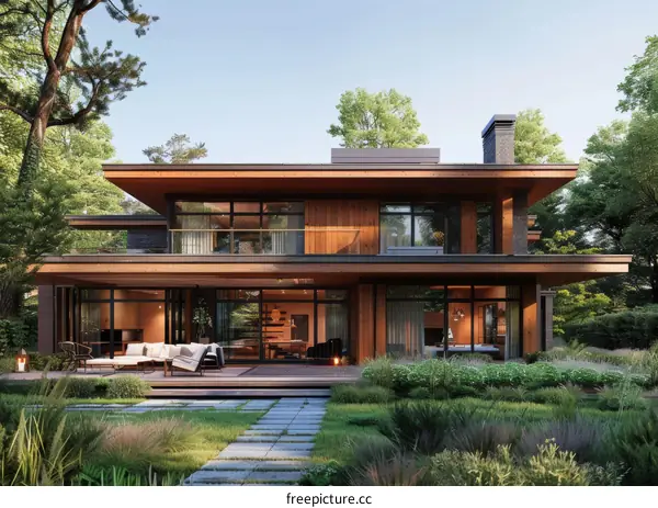 Modern Two-Story House with Large Windows and Terrace