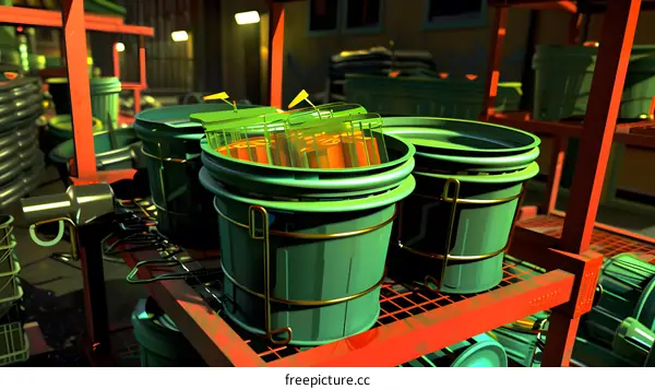 Green Buckets with Orange Liquid on Metal Shelf