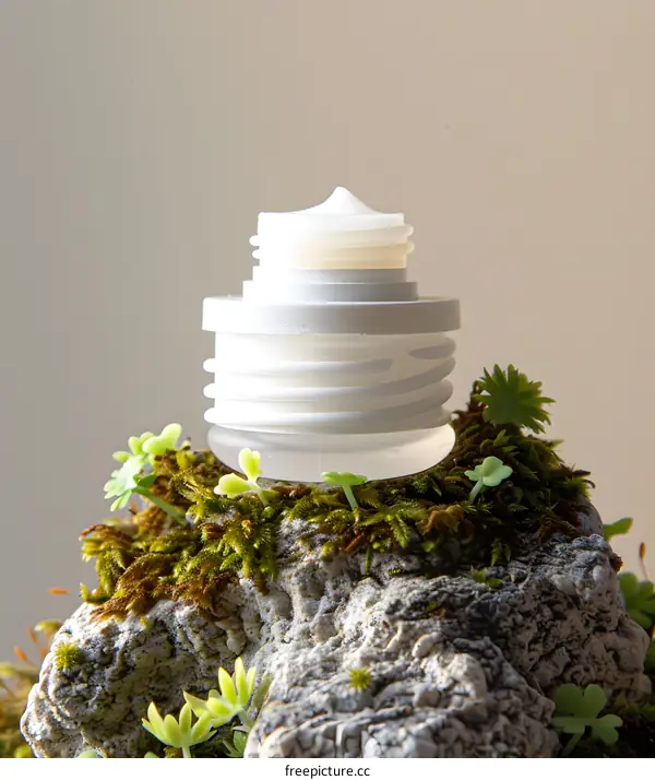 White Cosmetic Bottle on a Stone with Moss