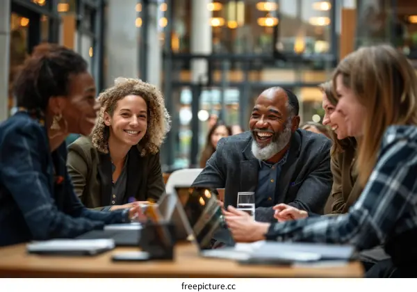 A group of people are sitting around a table talking and laughing