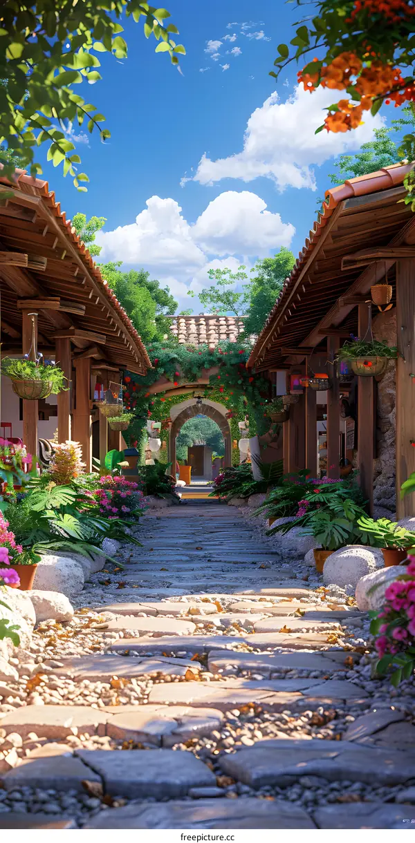 Cobblestone Path Through a Tranquil Courtyard