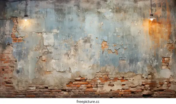 old brick wall with cracked plaster and two hanging light bulbs