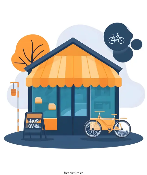 Cute Illustration of a Yellow Bike Shop with an Awning