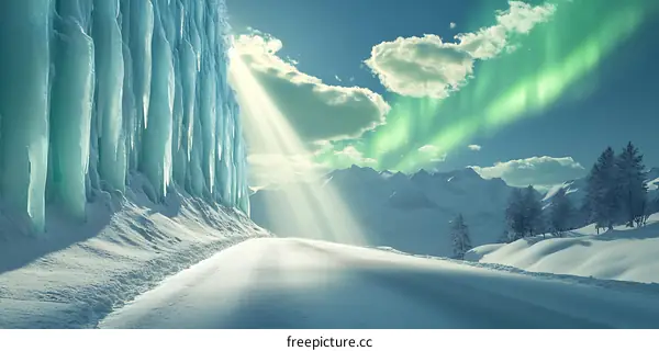 Snowy Mountain Road With Icicles And Aurora Borealis