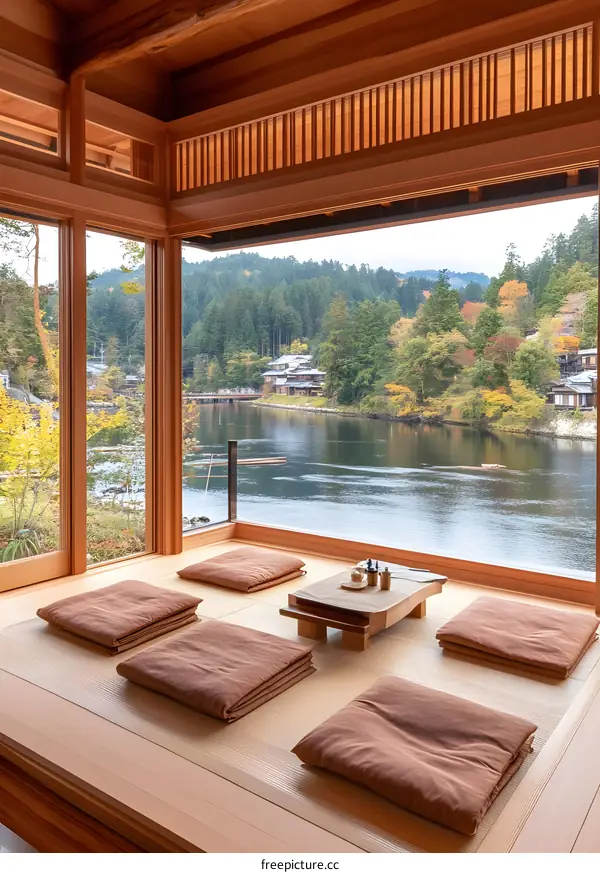 Japanese Style Room With View Of River And Mountains