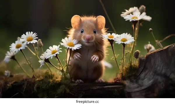 A cute mouse standing in a field of daisies