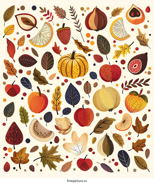 Autumn Harvest Illustration With Leaves, Fruits, and Vegetables