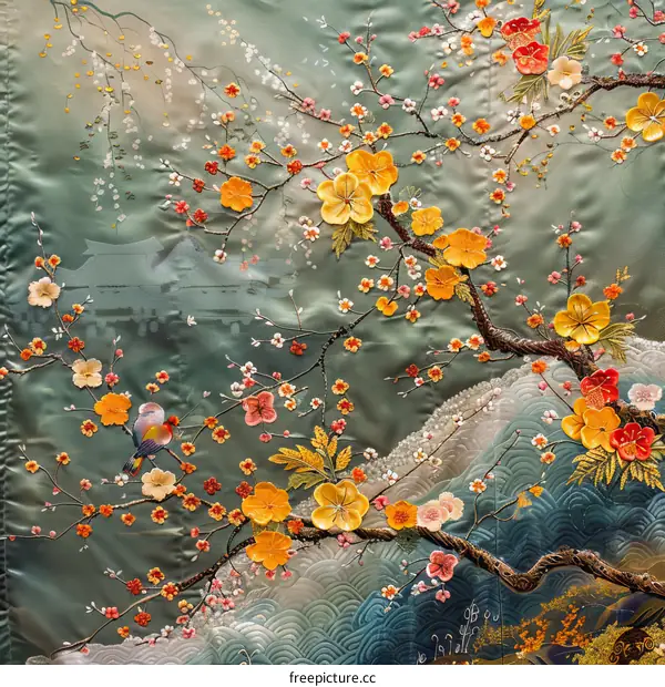 A closeup of a beautiful Chinese embroidery with a bird and flowers.