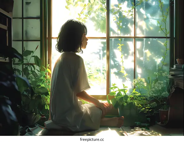 A girl sitting by the window