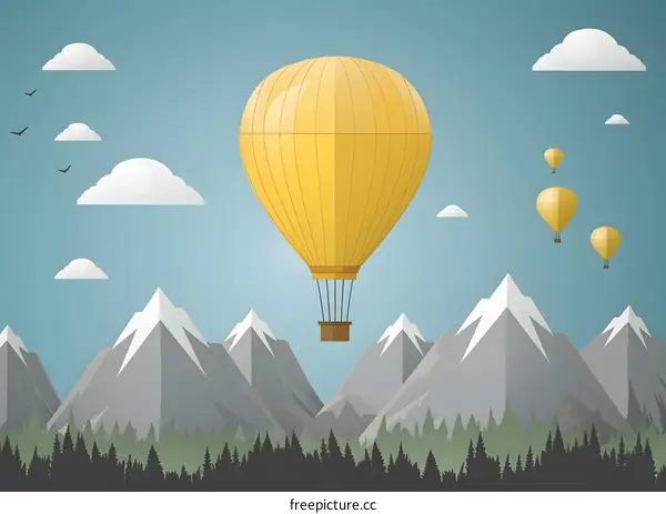 Yellow Hot Air Balloon Flying Over Mountains